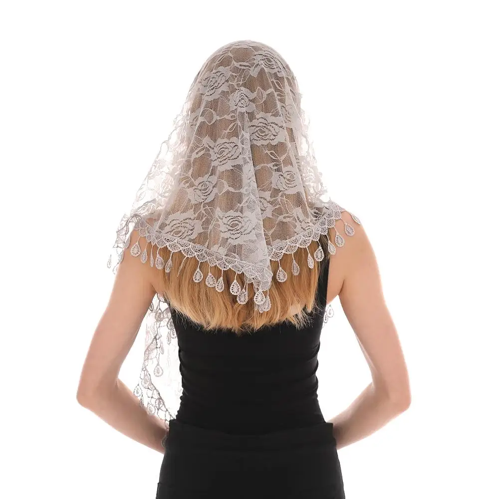 Bufanda triangular bordada para iglesia, chal de oración de Iglesia Católica, Mantilla española Floral transparente, velo de encaje, capa de boda