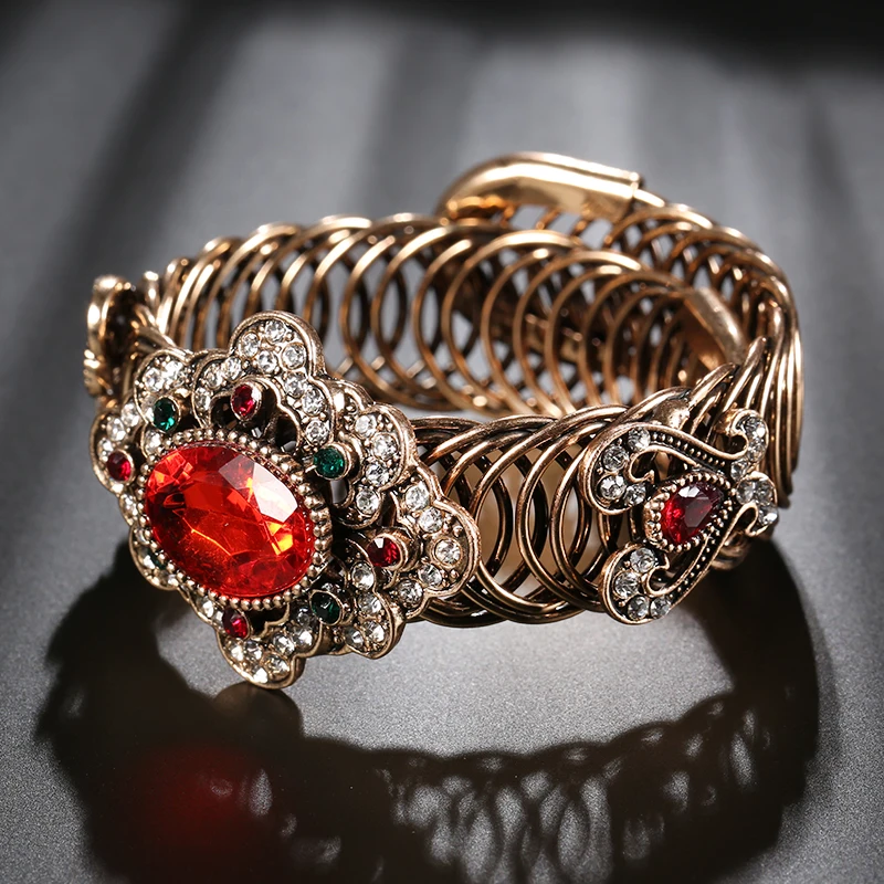 Kinel Fashion Boho Bracelet For Women Gold Color Red Crystal Flower Vintage Bracelets Bangle Party India Wedding Jewelry