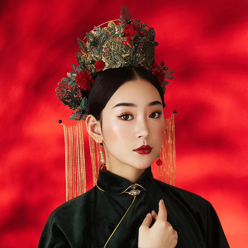 Chinese wedding headdress Erlong Jiufeng imperial edict Fengguan Xiuhe clothing bride's wedding hair crown Ming made luxury