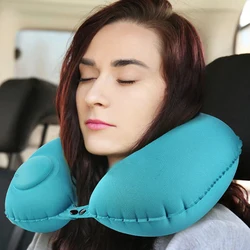 U-Shape Travel Pillow Automatic Air Inflatable Airplane Car Pillows Ring Pillow Folding Press Type Bed Pillows Neck Cushion