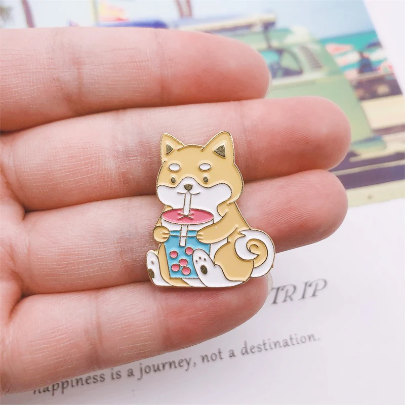 Cartoon Cute Animals Enamel Brooch Dog Shiba Inu Drink Water Pin Custom Alloy Badge Clothes Bags Punk Accessories Jewelry Gifts