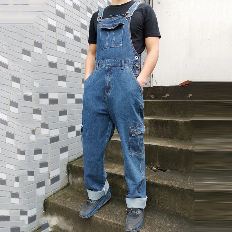 Men's Denim Overalls Men's Overalls Jumpsuit Large Size Strap Straight Blue Jeans With 7 Pockets More sizes 30-48 50