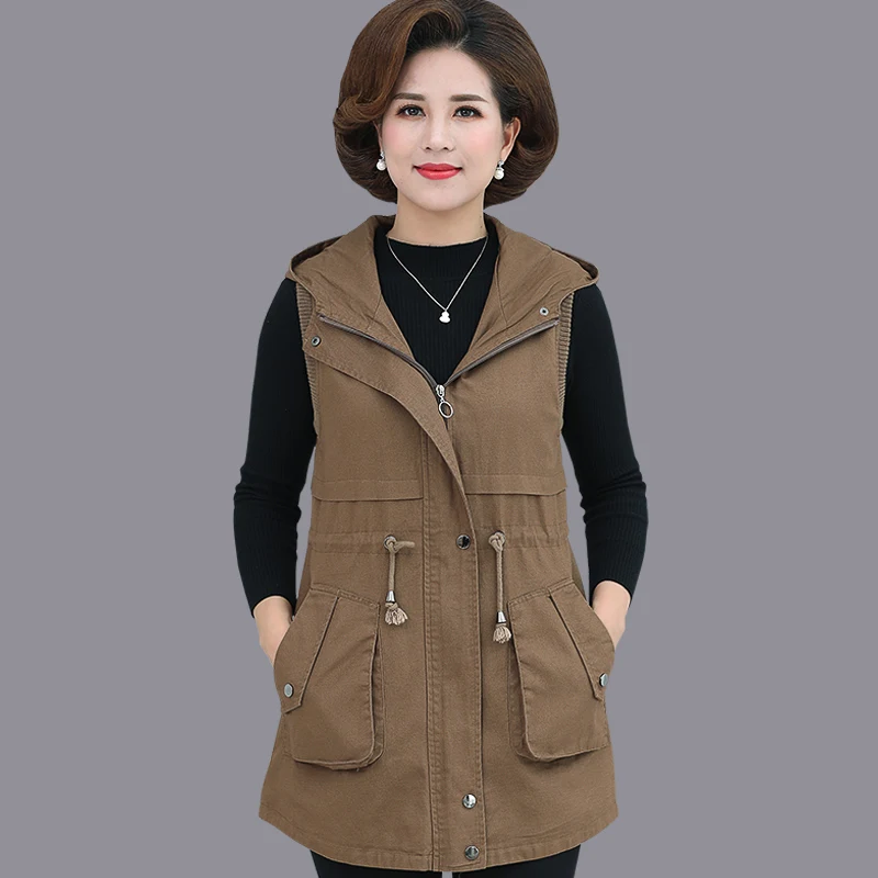 

Fashion Hooded Vest Spring Autumn Middle-Aged Elderly Women's Waistcoat Mid-Length Drawstring Sleeveless Casual Jacket Outerwear