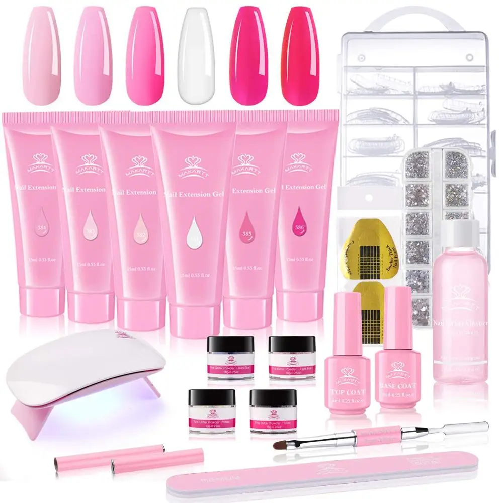 Pink Poly Extension Gel  Kit Makartt Acrylic Gel Varnish with Slip Solution & LED UV Nail Lamp Base Top Coat Manicure Nail Art