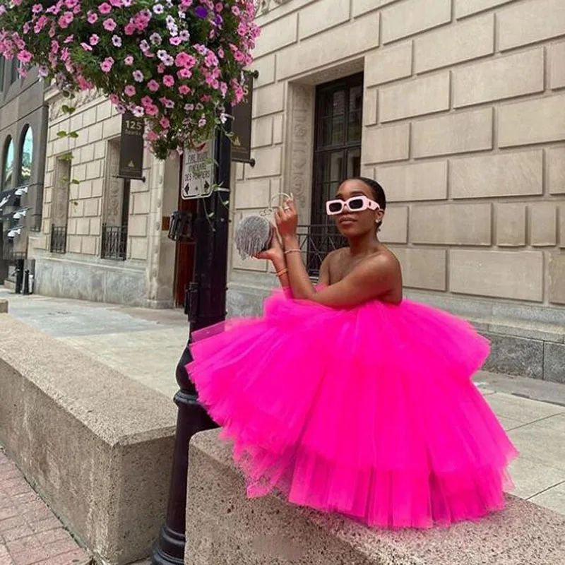 Chic Fuchsia Ruffles Short Tulle Dresses Women 2022 Puffy A-line Mini Tutu Dress Summer Off The Shoulder Robe Vestidos