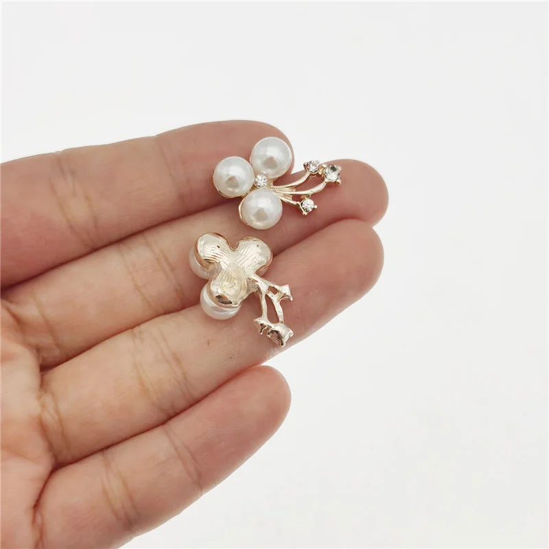 10PCS Pearl Flower Cabochons Alloy Branch Bling Rhinestone Flatback For Jewelry Making Findings Scrapbook Craft Phone Case Decor