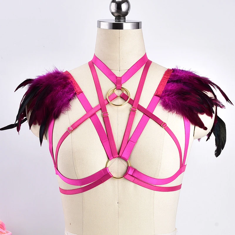 JLX.HARNESS Feather Harness Body Cage Bra Rave Sexy Body Harness Belt Goth Hollow Bandage Lingerie Feather Burning Bra