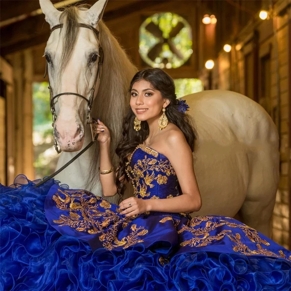 Azul real princesa quinceanera vestidos frisados rendas de ouro embrodiry rendas espartilho babados festa doce 16 vestidos vestido de 15