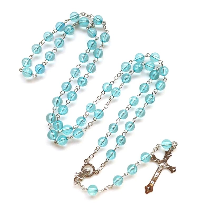 8mm Round Acrylic Beads Rosary Necklace Virgin Mary Jesus Cross Pendant Catholic