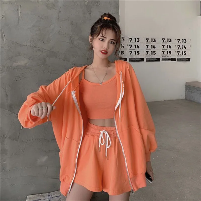 

Casual 3 PCS Sweaters New Shorts Sets 2021 Spring/Summer Sports Suit Solid Hooded Three Piece Sets Fashion Tracksuit For Women