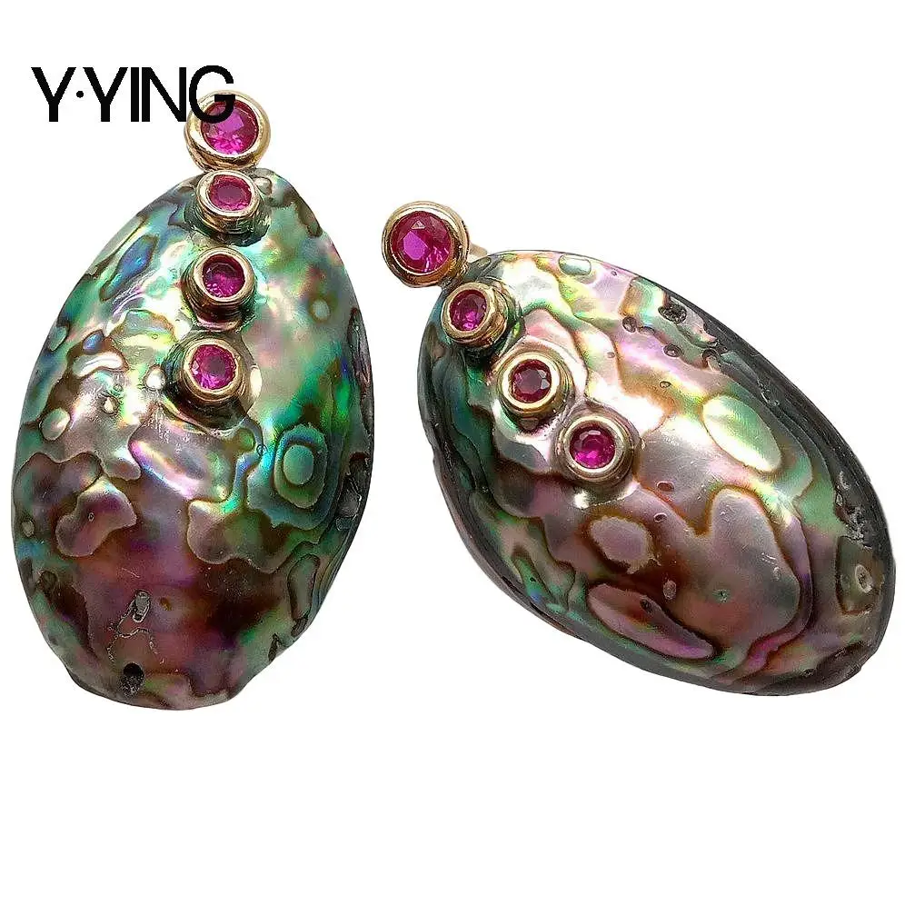 

Y·YING Natural Abalone Shell freeform Red Cubic Zirconia pave Stud Earrings vintage style for women