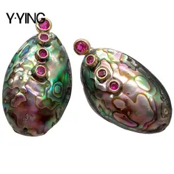 Y·YING Natural Abalone Shell freeform Red Cubic Zirconia pave Stud Earrings vintage style for women