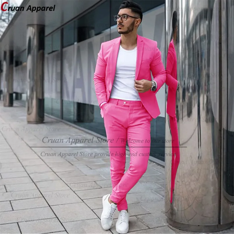 Custom Made Fashion Fuchsia Suit Men Set New Party Wedding Groom Suit Slim Fit Streetwear Casual Beige Classic Jacket Pants 2Pcs