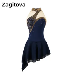 Navy Blue Red Figure Skating Dress For Women And Girls Sleeveless Ice Figure Skating Pole Dancing Clothes Sexy With Rhinestones