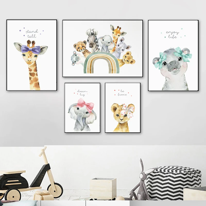 Animal Rainbow Elephant Giraffe Zebra Wall Art Canvas Painting Nursery Posters And Prints Wall Pictures Baby Kids Room Décor