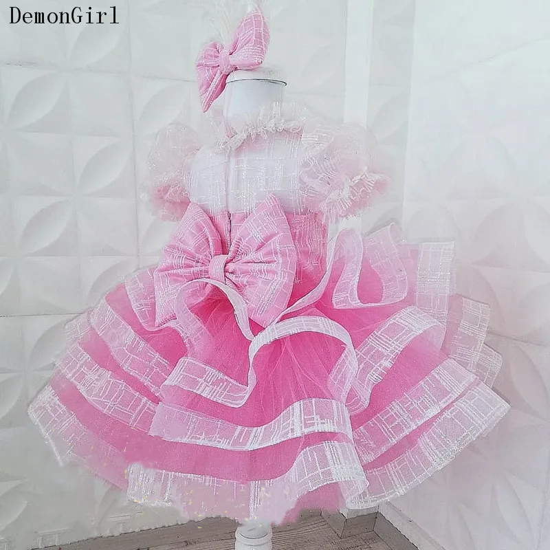 Glitter Puffy Organza Roze Bloem Meisje Jurk Tiered Rok Korte Mouwen Kids Tieners Party Gown Verjaardag Jurk Met Headbow