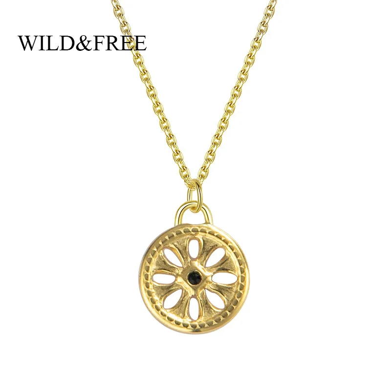 Bohemian Hollow Out Round Pendant Necklace For Women Stailess Steel Flower Shape Gold Plated Link Chain Necklaces Jewelry