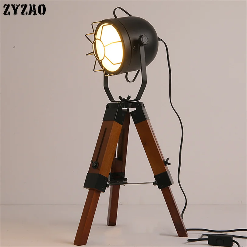 American Country Retro Table Lamp Simple Tripod Decoration Vintage Table Light Bedroom Rotatable Wooden Home Deco Led Desk Lamps