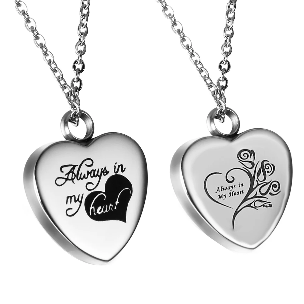 

Classic Stainless Steel Ash Pendant Necklace Mens Women Memorial Jewelry Carving Always in My Heart Cremation Urn Necklaces