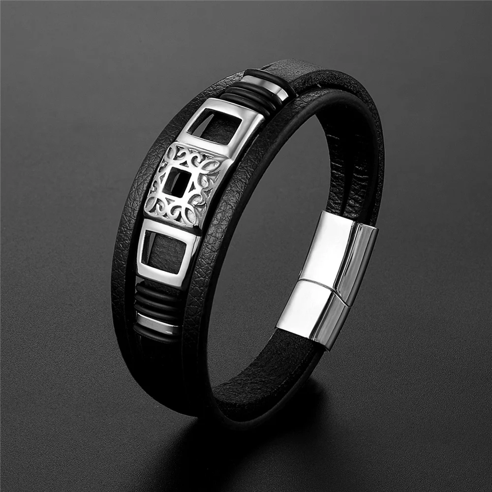 High Quality Luxury Accessories Bracelet Men\'s Fashion Gift Black Genuine Leather Bracelets DIY Combination Wild Handsome Gift