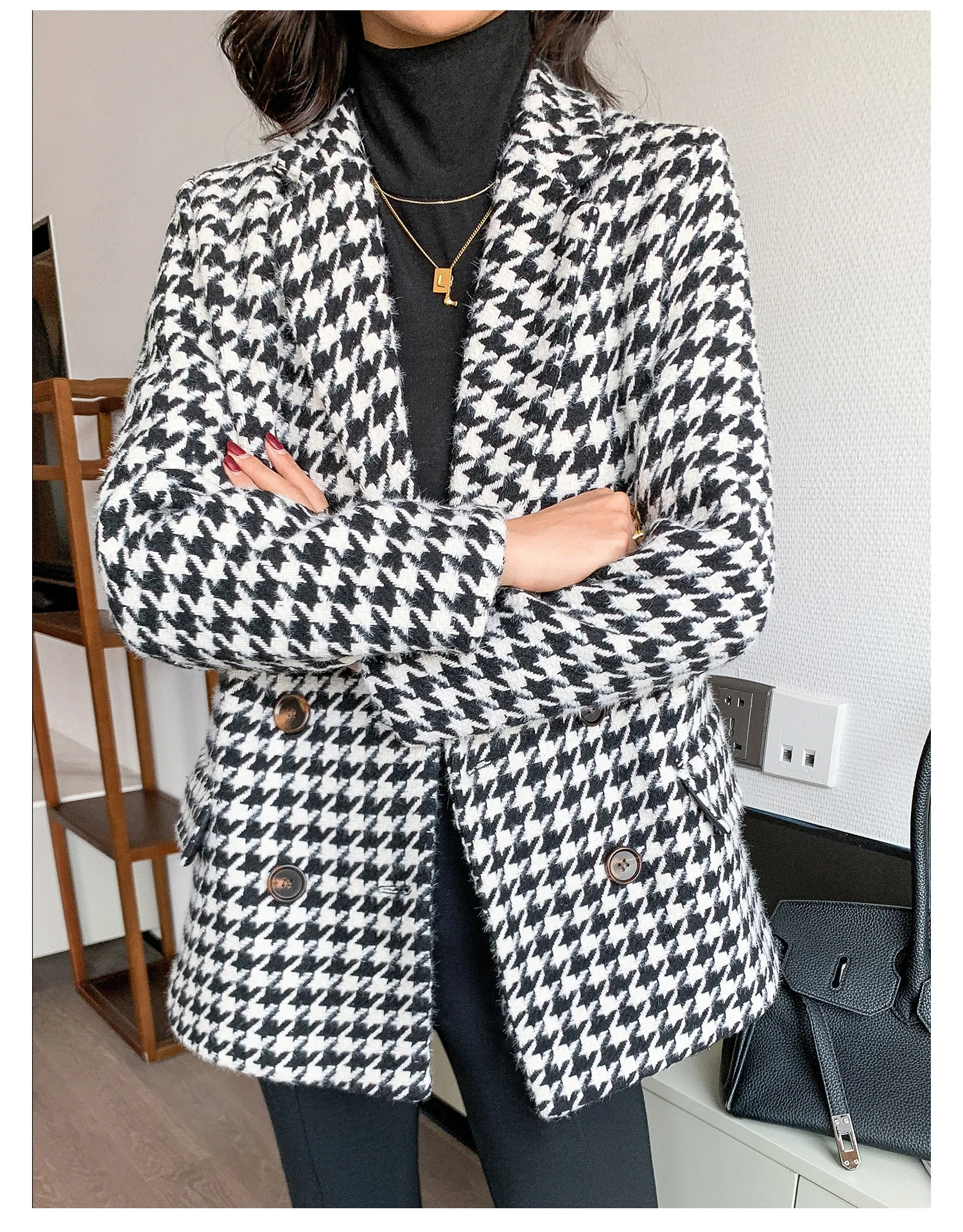 Houndstooth waist small suit jacket female 2021 autumn and winter thick cashmere woolen suit British style Korean style