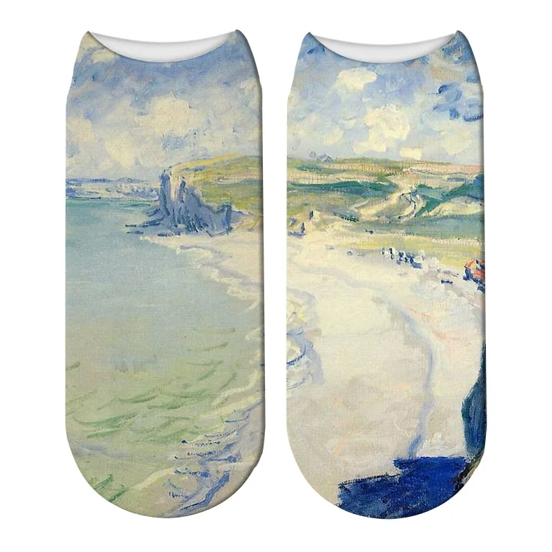 Moda 3d retro pintura arte monet meias feminino engraçado personalidade novidade feliz meias casual tornozelo algodão calcetines mujer