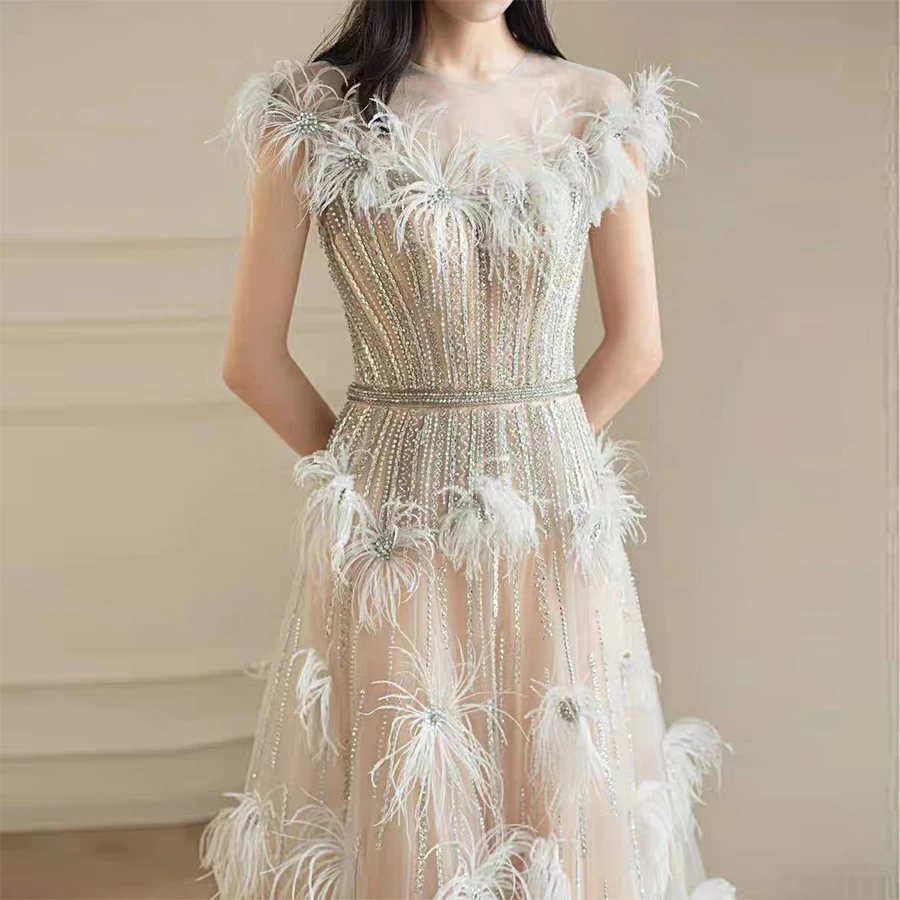 Luxury Elegant Evening Dresses 2020 For Women Sleeveless Feathers Beading A-Line Sexy Sleevless Crystal Handmade Formal Party Go