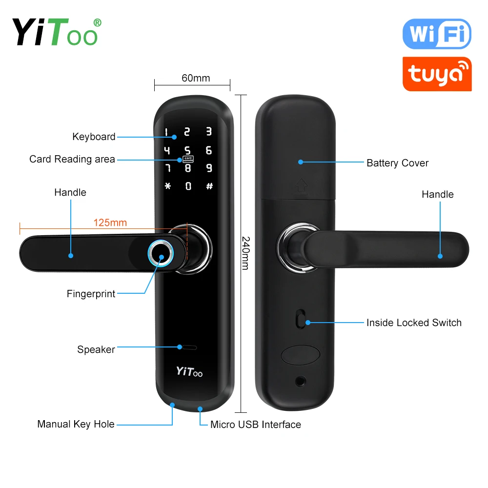 Imagem -03 - Yitoo s3 Wifi Fechadura da Porta Inteligente Biométrica à Prova Dbiometric Água com Tuya App Remotamente Rfid Cartão Senha Chave de Desbloqueio