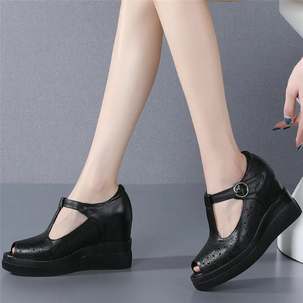 Zapatos de tacón con plataforma para mujer, cuñas de cuero genuino, sandalias de gladiador de tacón alto, zapatillas de deporte de moda con punta abierta para verano, zapatos informales