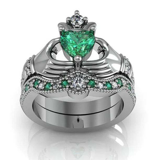 2016 New arrival rhodium plating heart stone 925 sterling silver irish claddagh ring with green zirconia