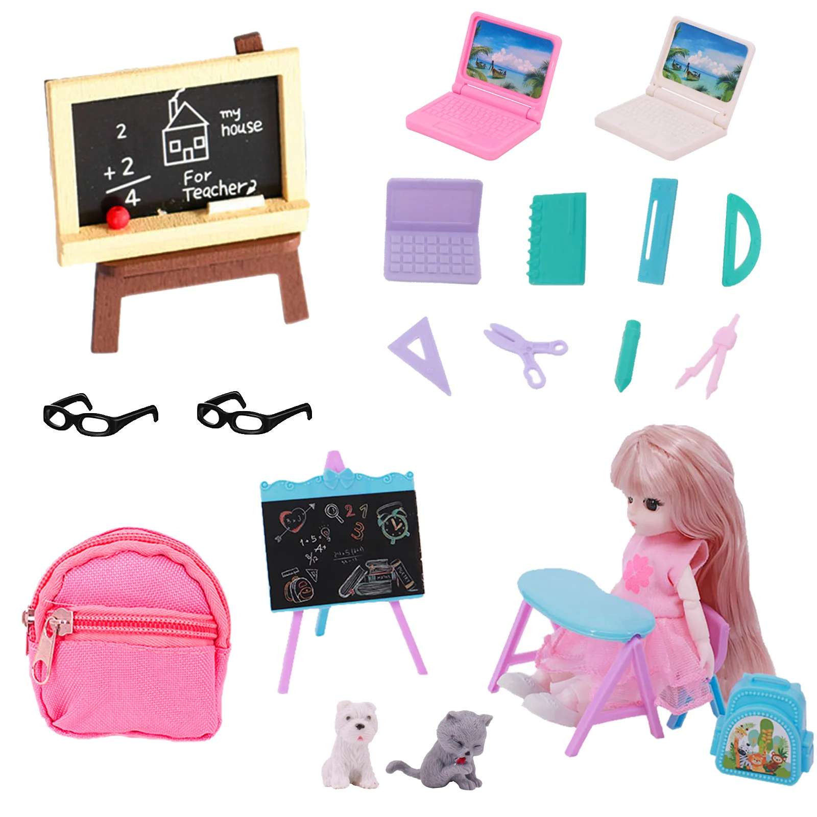 1/12 Dollhouse Furniture Mini School Supplies Backpack Glasses Blackboard Pencil Rulers Doll Study Accessories For Barbies BJD