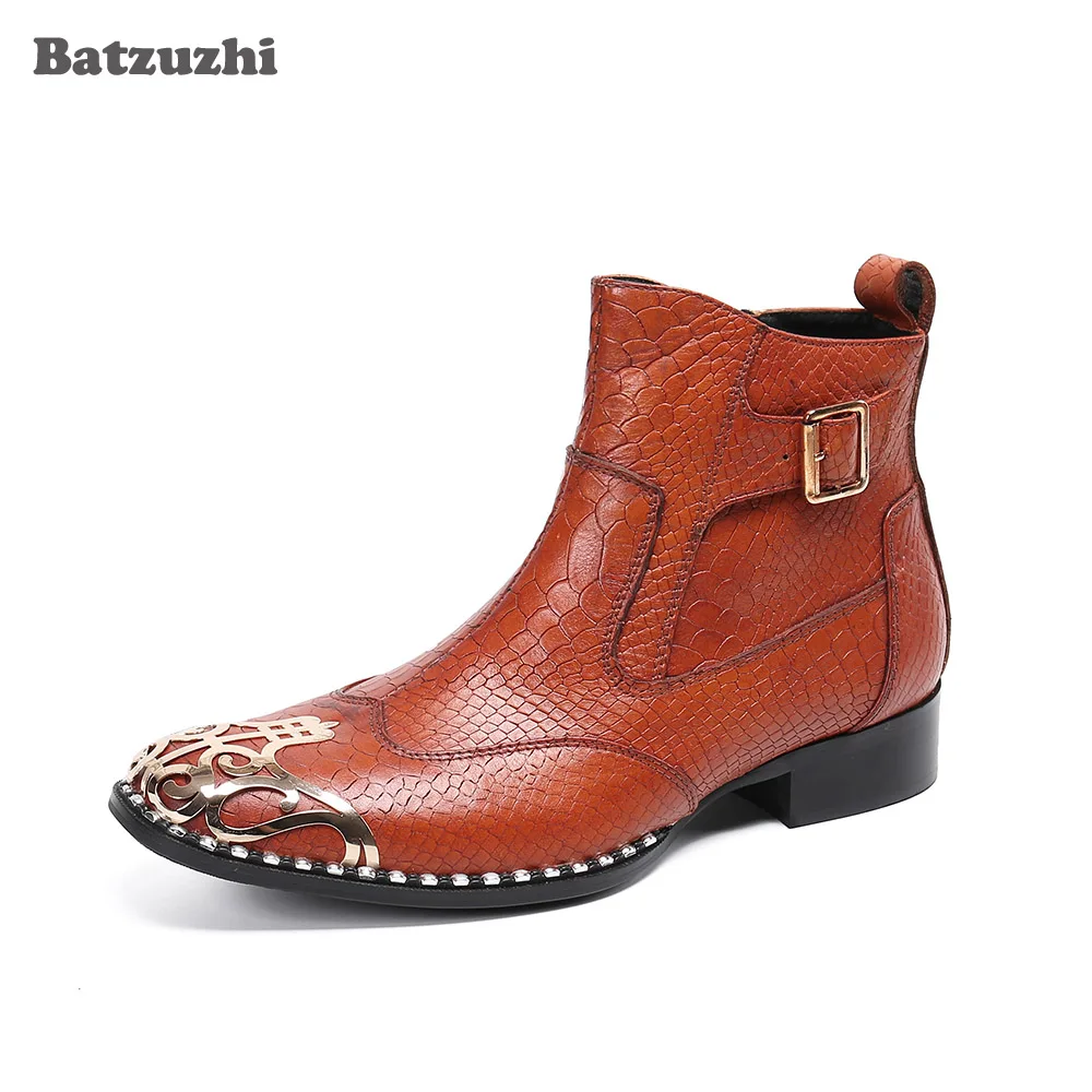 Batzuzhi Rock Men's Boots Personality Metal Toe Genuine Leather Ankle Boots Men Brown Motorcycle/Business Botas Hombre,US6-12