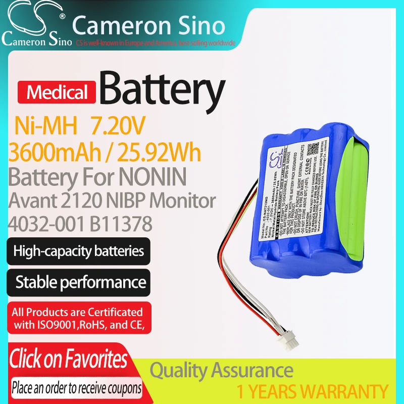 

CameronSino Battery for NONIN Avant 2120 NIBP Monitor fits NONIN 4032-001 B11378 Medical Replacement battery 3600mAh/25.92Wh