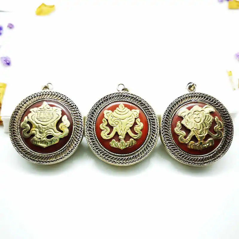 Tibetan Prayer Box Amulet Eight Auspicious Symbols White Metal Copper Inlaid Stone Locket TGB015