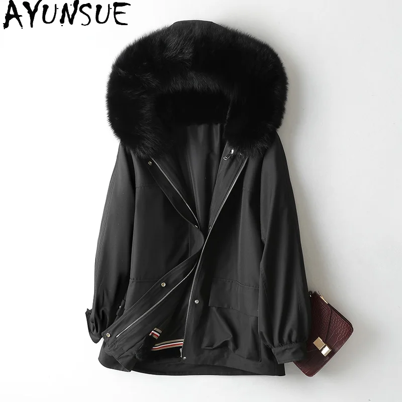 

AYUNSUE Women's Fur Coat Warm Real Rex Rabbit Fur Liner Parkas Winter 2021 Hooded Fox Fur Collar Jackets Casaco Feminino Gxy485