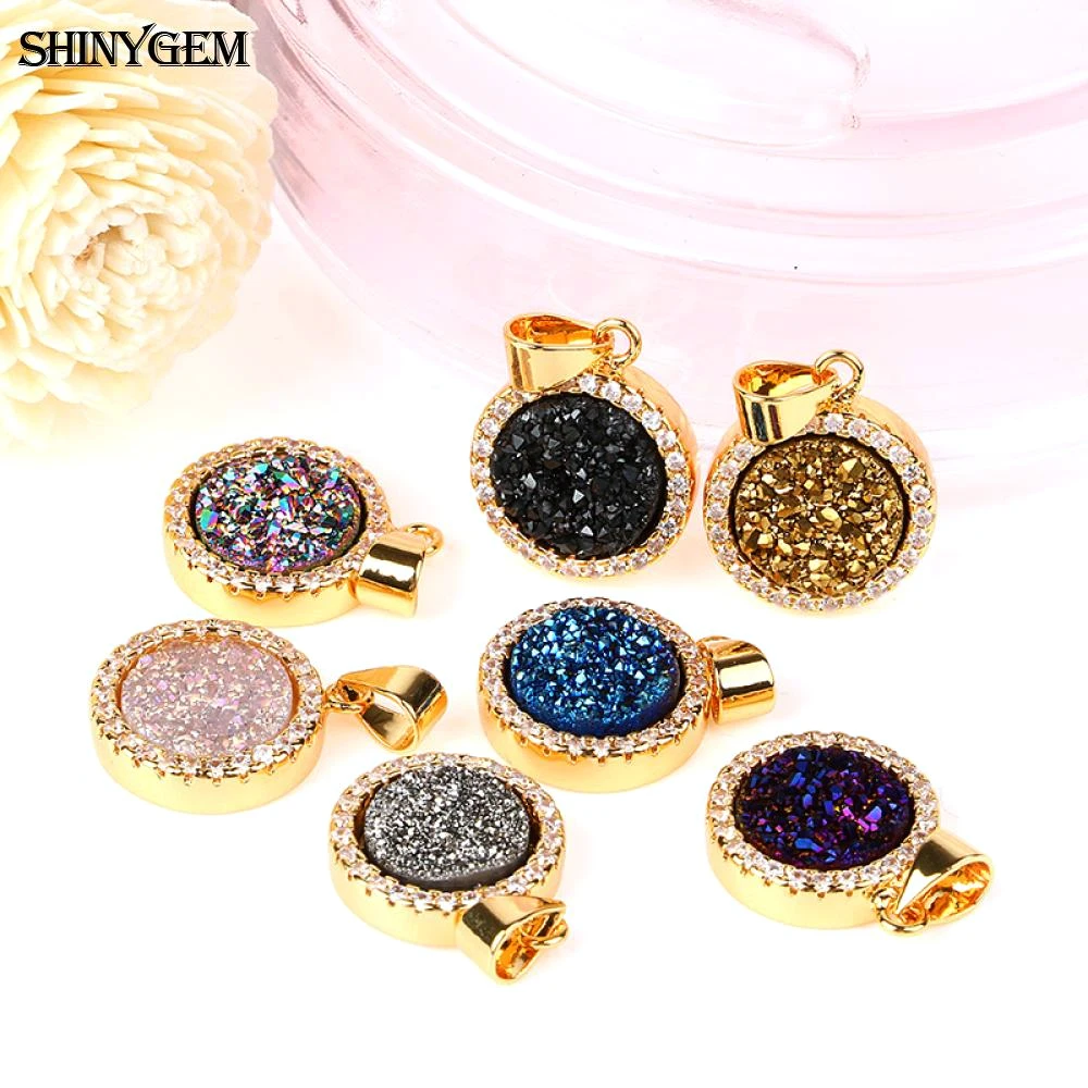 5p 천연 라운드 크리스탈 druzy 스파클링 카보 숑 펜던트 마이크로 인레이 지르콘 골드 도금 베젤 참 트렌디 쥬얼리
