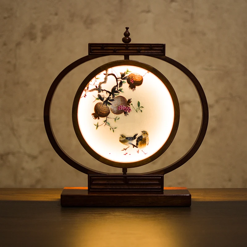 Chinese Luxury Decor LED Night Light Table Lamps for Bedroom Bedside Ornaments Silk Hand Embroidery Works Wooden Hotel Bedlamp