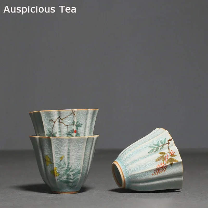 Hand Painted Celadon Loquat Petals Master Cup Crackle Glaze Tea Cup Household  Kungfu Teaset Single Cup Tea Ceremony customized