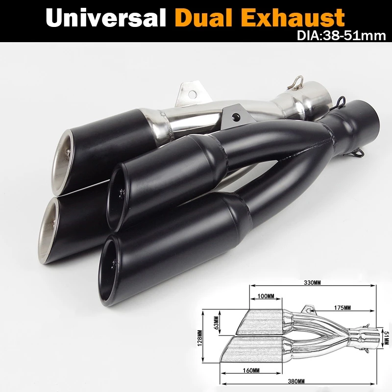 51mm Universal Motorcycle Double Down Exhaust Muffler Pipe Dual Right Left Escape Moto for CBR650 R6 Z1000 TRK502 NMAX PCX125