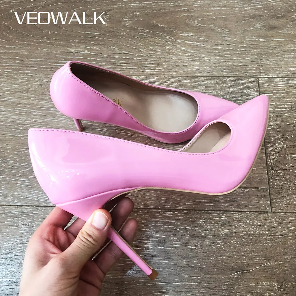 Veowalk Solid Candy Pink Women Formal Stilettos High Heels Pointed Toe Slip On Pumps Elegant Ladies Extremely High Dress Shoes