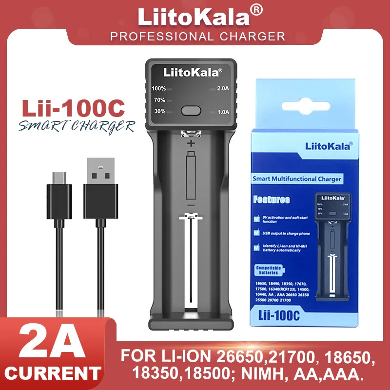 LiitoKala Lii-100C 18650 do ponownego ładowania z ładowarką do 3.7V 21700 18350 26650 1.2V AA AAA Ni-MH 5V 2A wyjście USB szybkie ładowanie