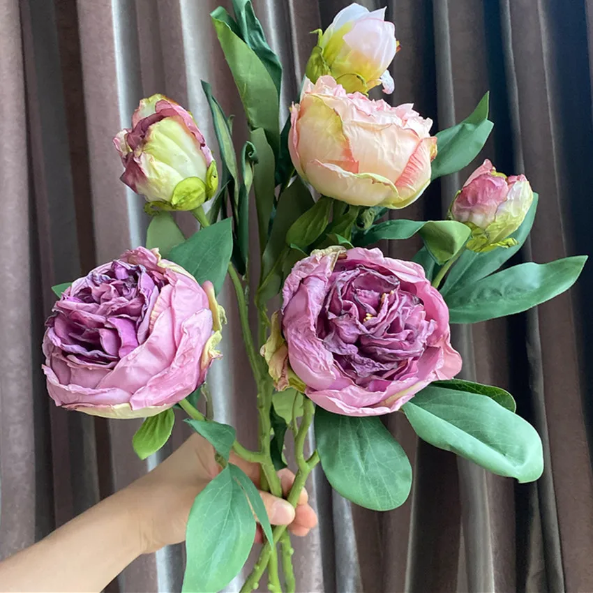 High Quality burned-like peony branch artificial silk flowers retro style fall home decor flores artificiales party favors