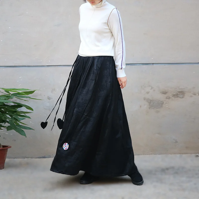 Free Shipping 2021 New Fashion Long Maxi A-line Elastic Waist Women Autumn Winter M-XL Vintage Thick Linen Skirts