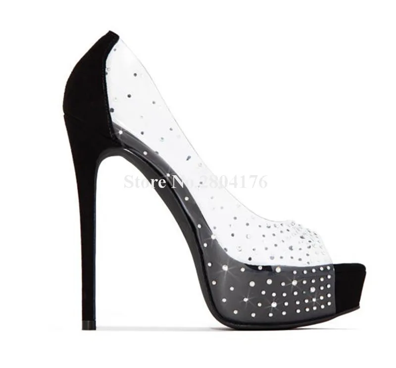 Bling Bling donna Peep Toe trasparente PVC strass piattaforma alta sandali tacco a spillo sandali in cristallo trasparente nero nudo dorato