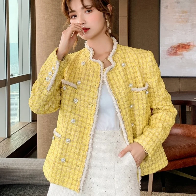 

New Autumn Fashion Women Stand Collar Plaid Yellow Tweed Jacket Pearls Double Breasted Vintage Elegant Ladies Tassels Twill Coat