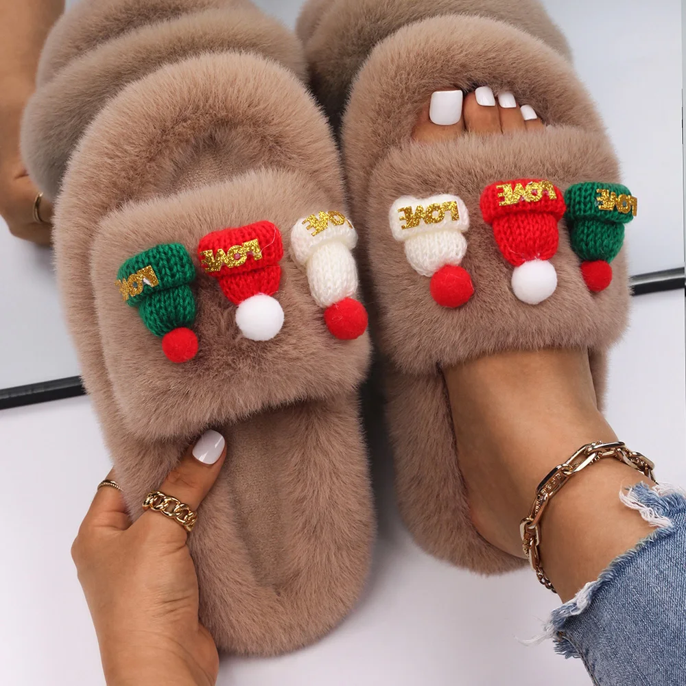 Furry Slippers Women Christmas woolen hat Decor Faux Fur Slides Ladies Flip Flops Designer Fur Sandals Bedroom Slippers Shoes