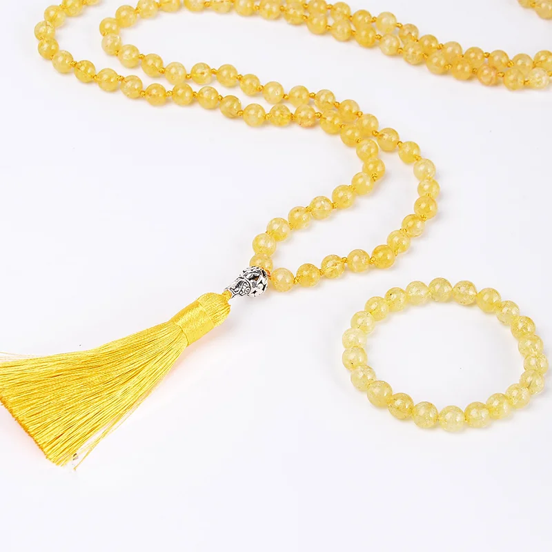 8mm Natural Citrine Beaded Knotted Mala Necklace Meditation Yoga Blessing Healing Jewelry Bracelet Set 108 Rosary Tassel Pendant