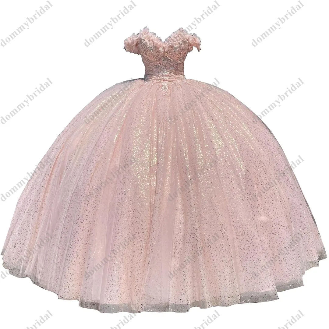 Romantic Lalic Glitter Tulle Off the shoulder Ball Gown Quinceanera Prom Party Dress Floral Flowers Sweet 15 16 Long Cheap