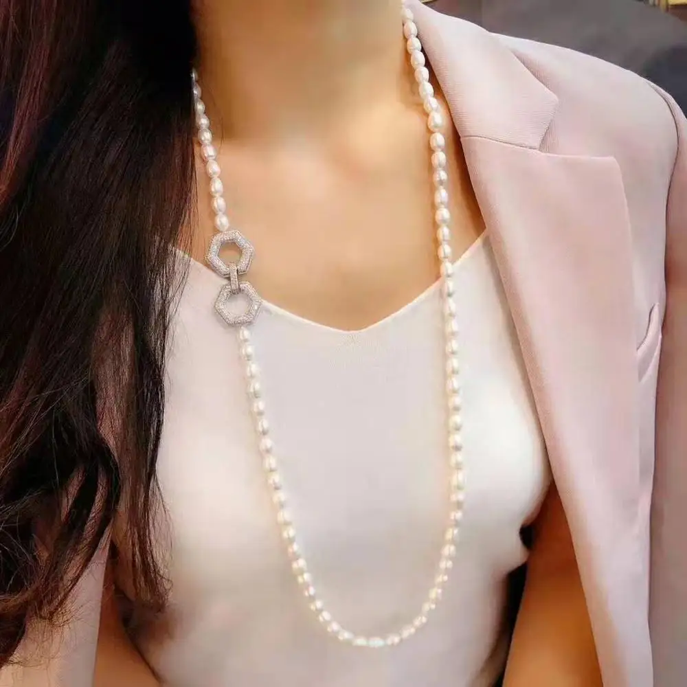 

Women's jewelry 8-9mm 80cm micro inlaid zircon accessories white rice freshwater pearl necklace