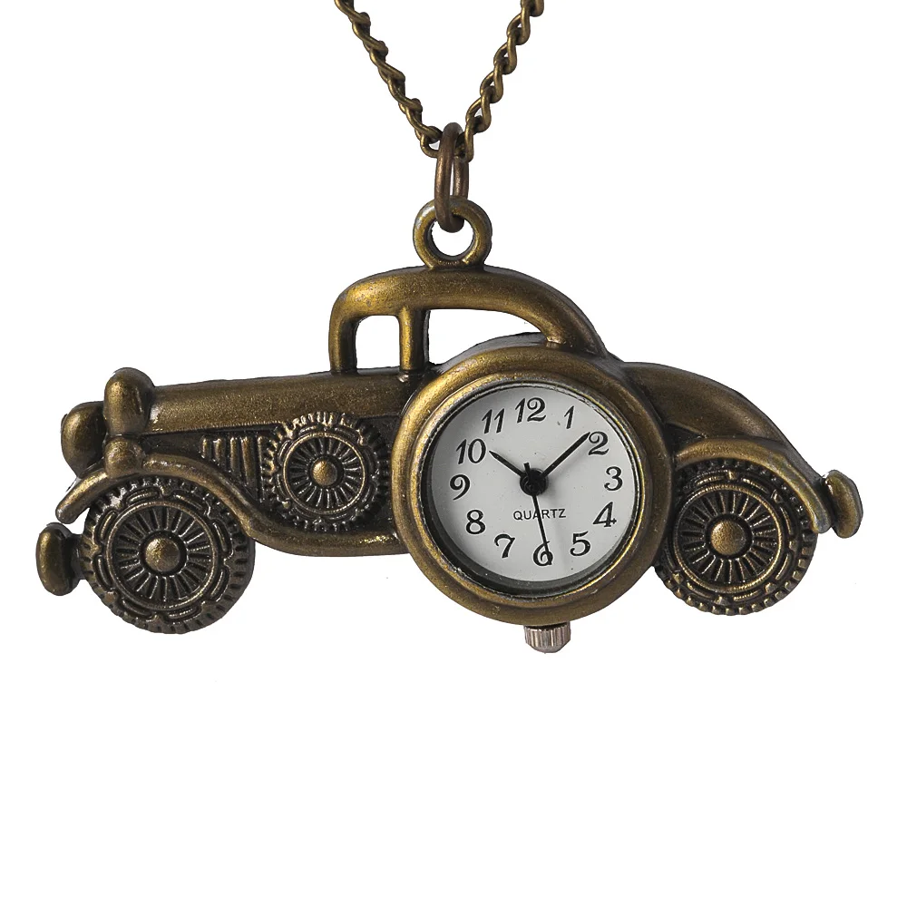 6112New Retro Zakhorloge Klassieke Auto Klassieke Nostalgische Brons Quartz Zakhorloge Met Ketting